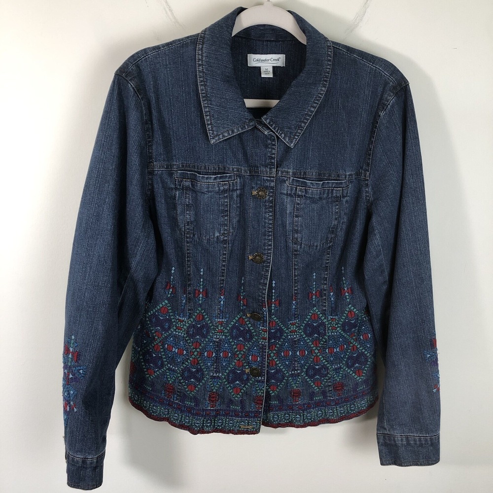 Coldwater Creek Embroidered Lined Denim Jacket Women Sz Medium
